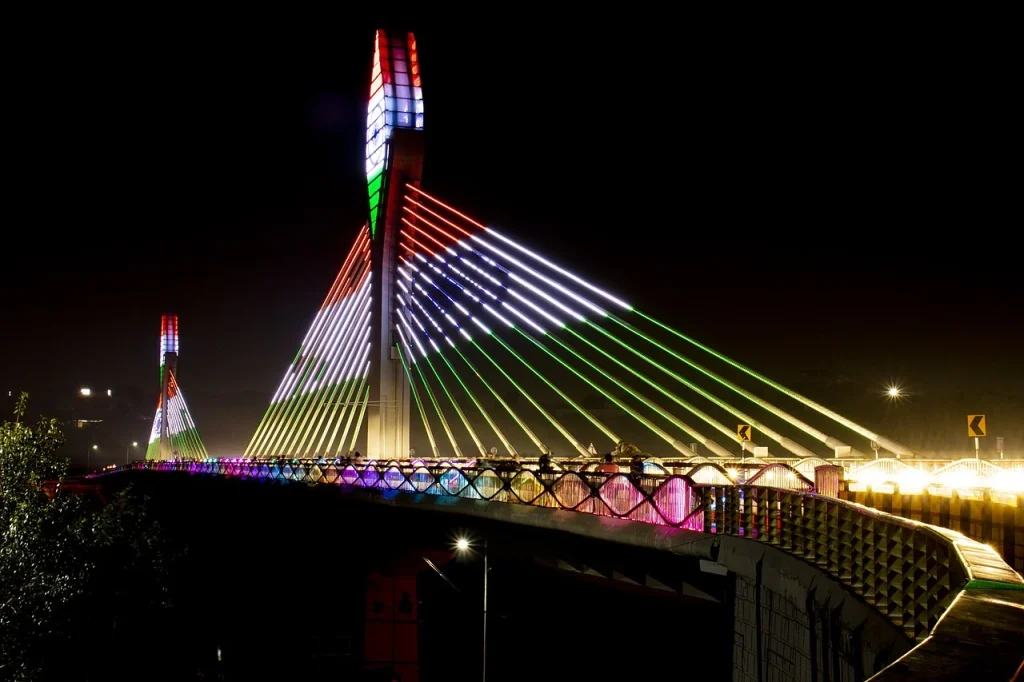 Places to Visit Near Hyderabad Within 50 KMs (2026 Guide for Short Trips & Long Drives) 9 Durgam Cheruvu Cable Bridge night view - Hyderabad