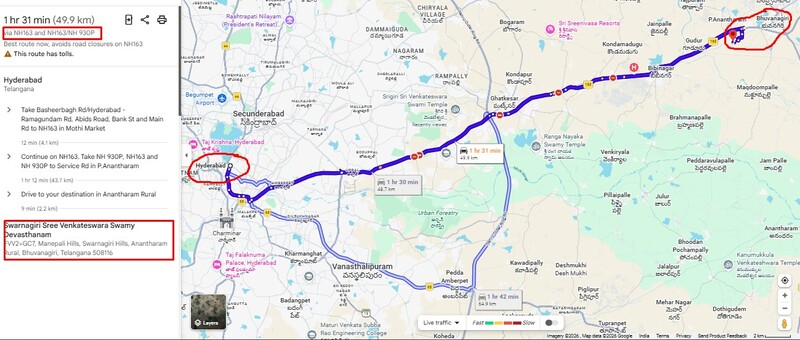 hyderabad to swarnagiri temple distance (Swarnagiri Venkateswara Swamy Temple in Bhuvanagiri, Telangana)