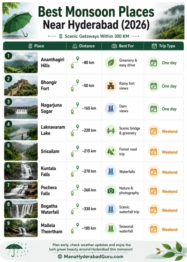 Best Places to Visit Near Hyderabad in Monsoon (2026 Guide) 1 Quick Comparison Best Monsoon Places Near Hyderabad